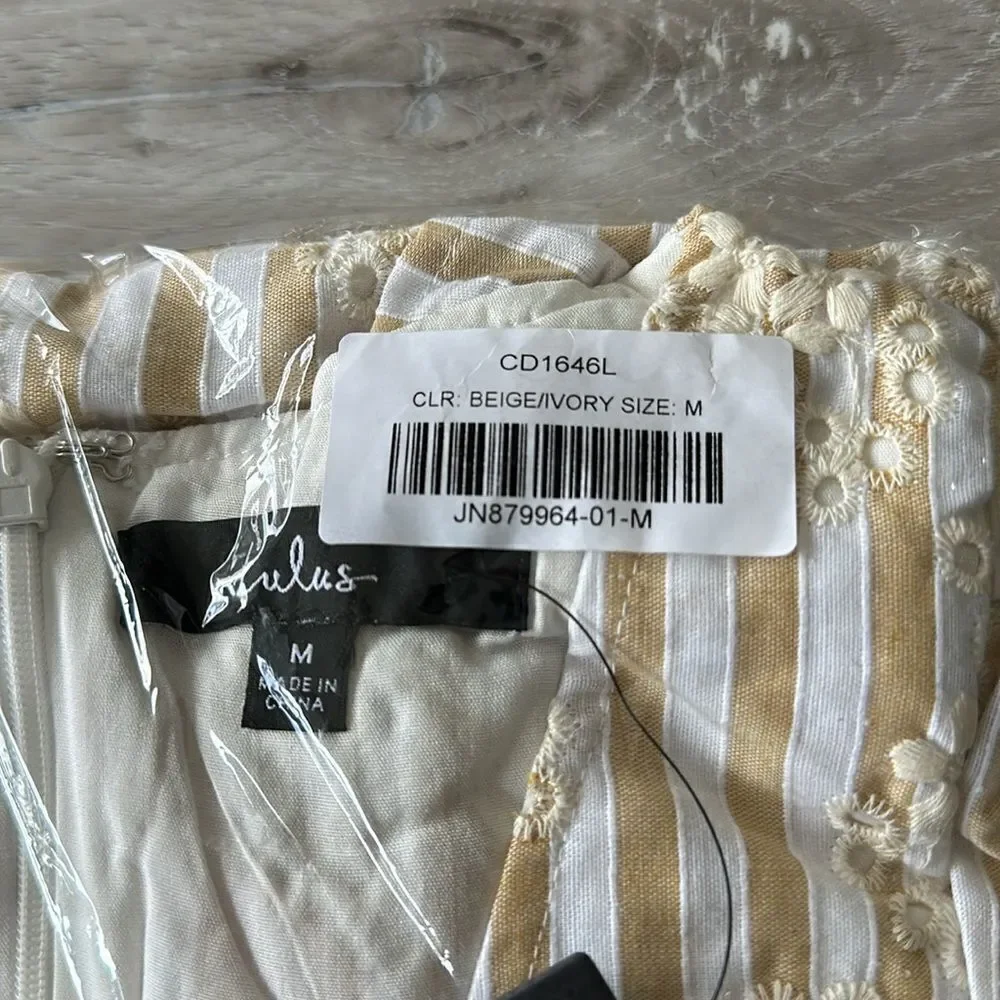Lulus Sunny Crush Striped Embroidered Mini Dress Beige/Ivory M NWT IN PACKAGE - Picture 6 of 7
